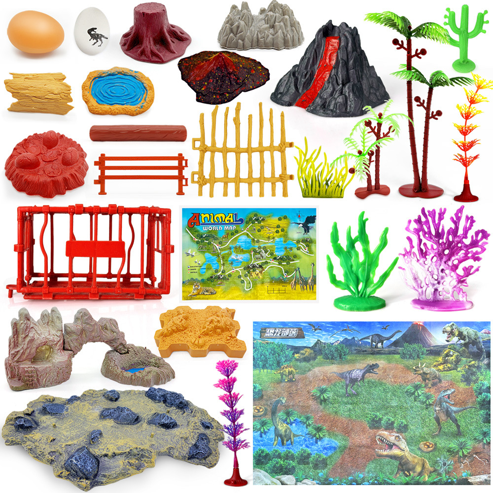 Picture of Dinosaur Animal Scene Ornaments Simulation Plant Tree Wood Volcano Stone Fence Dinosaur Egg Sand Plate Model Accessories
