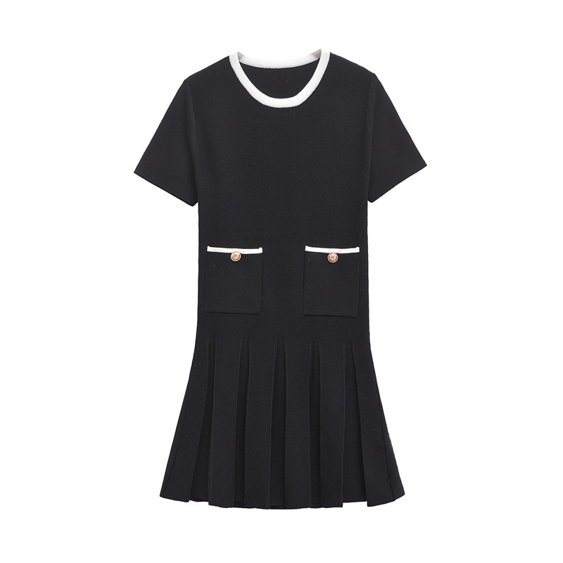 2025 spring round neck color matching short sleeve knitted pleated short sleeve knitted skirt European and American style sweet style new dress