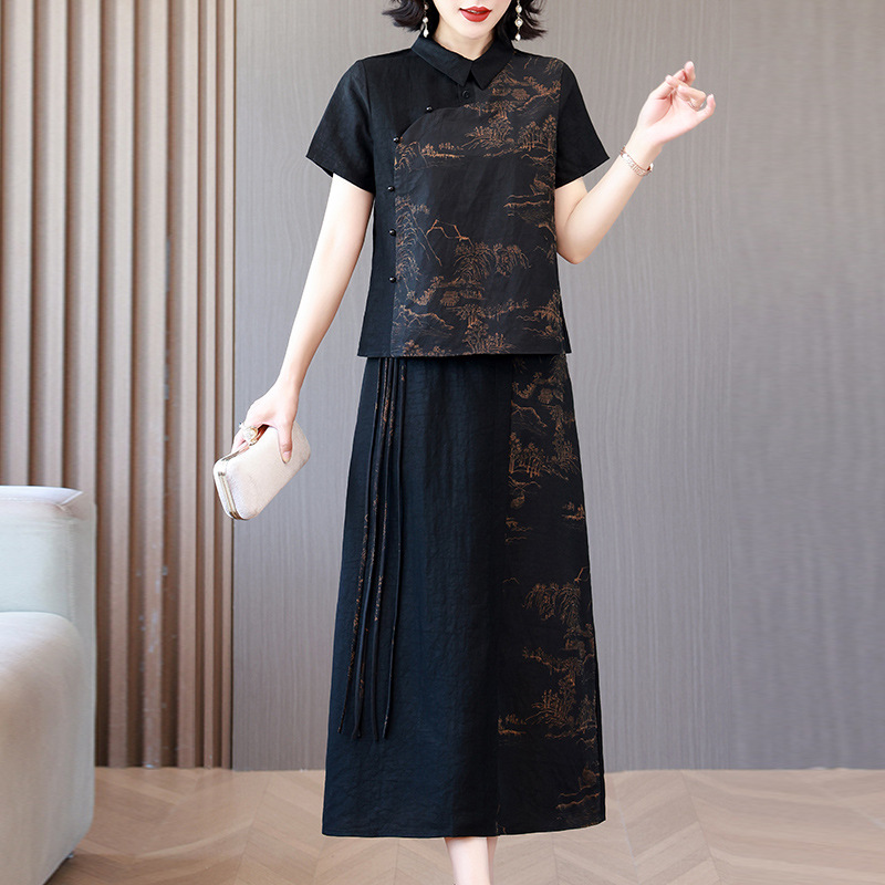 2023 New Silk Turtle Pattern Xiangyun Veil Shirt Improved Cheongsam Style Skirt Two-piece Set Mother's Suit