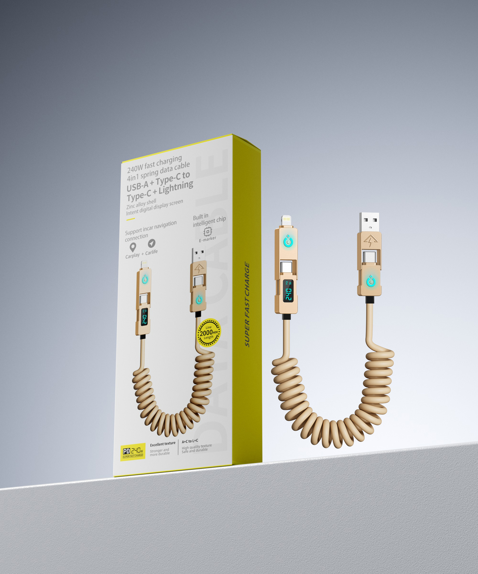 Picture of [Smart Power Off] Demon 240W Four-In-One Digital Display Spring Fast Charging Cable 2m Is Suitable for Apple 16 Huawei