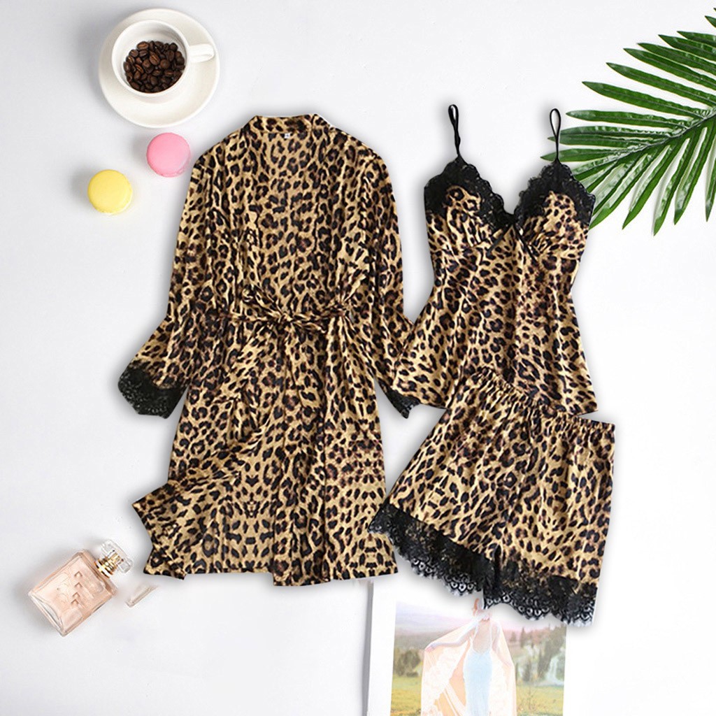 Picture of Factory wholesale sexy pajamas new leopard print home wear suspender shorts bathrobe three-piece set one-piece delivery