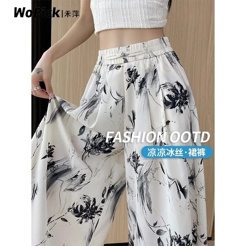 Cross-border Chinese-style Culottes Women's plus size chubby girl Summer Thin High Waist Ink Printing Ice Silk Cool Sunscreen Trendy