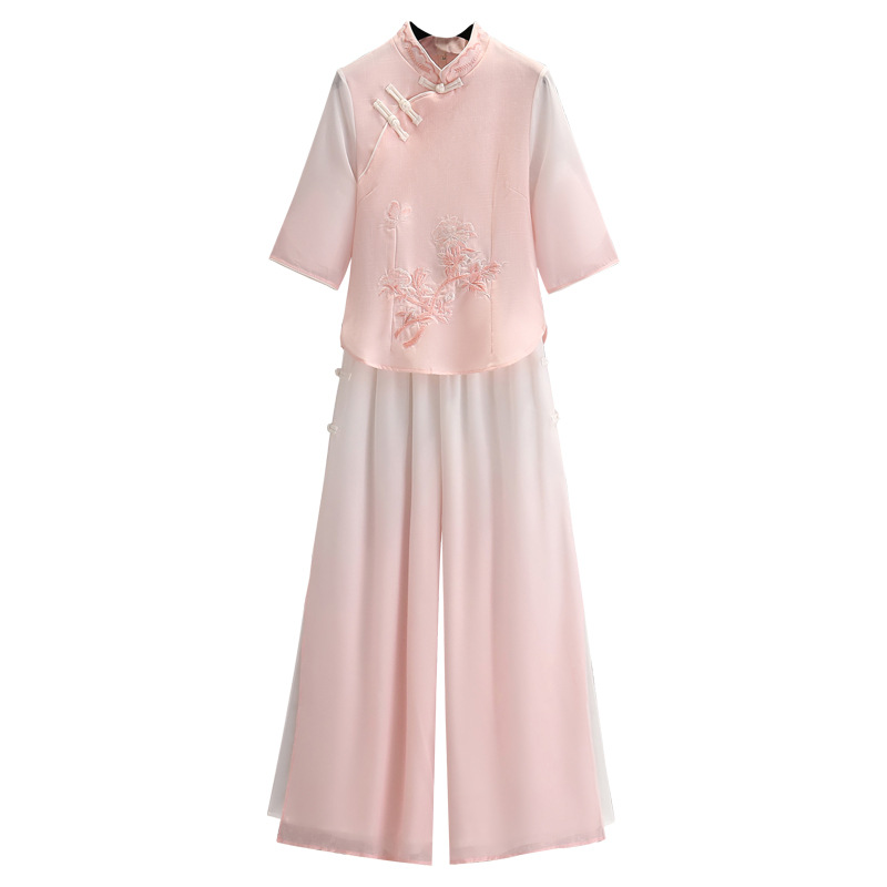Picture of Vintage Chinese Top Set Large Size Chinese Style Seven-point Sleeve Cheongsam Peony Embroidered Gradient Pants Two-piece Set