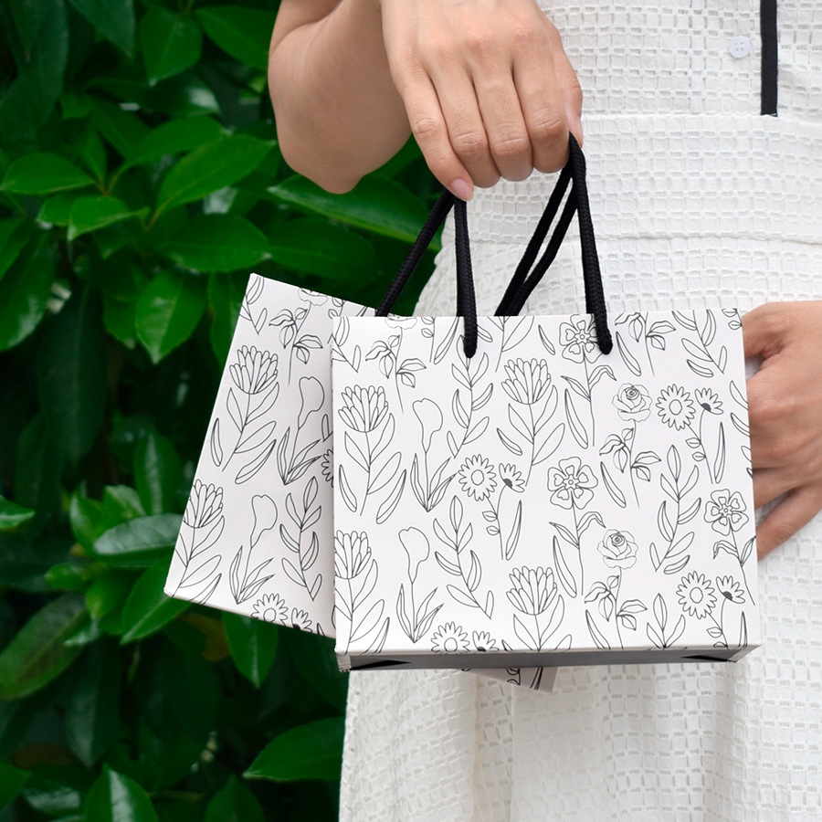 Gray Square White Card small size Plain Thread Flower Handbag in stock Simple Gift Paper Packaging Hand Bag
