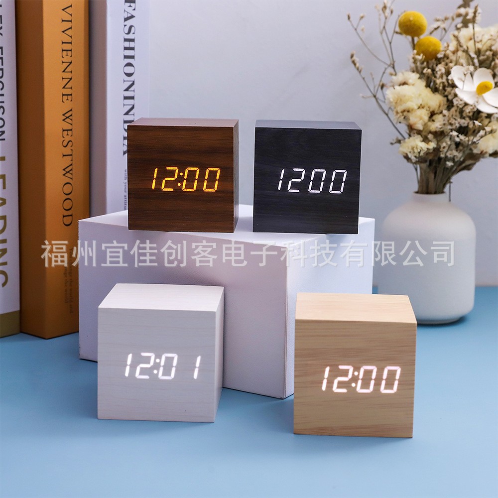 Led Smart Wooden Alarm Clock Digital Digital Clock Square Simple Luminous Silent Clock Student Mini Desk Clock