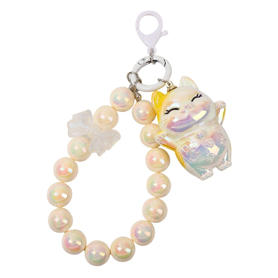 Girl heart lucky cat beads keychain two-color pearl beaded mobile phone chain bag keychain pendant