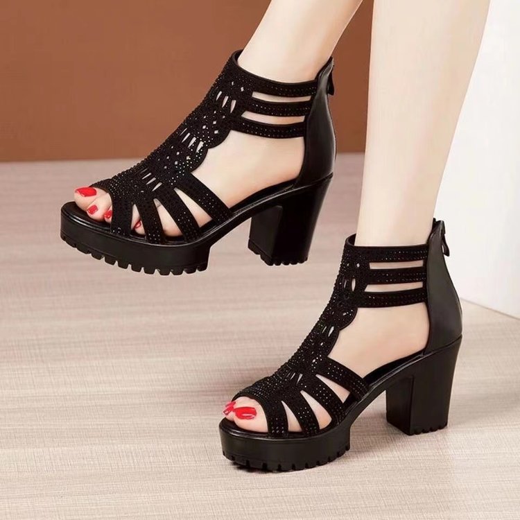 Women's Soft Bottom Open Toe Heightened Sandals Sandals Women's Thick Heel 2024 New Non-slip Peep Toe Mid Heel Roman Women's Shoes