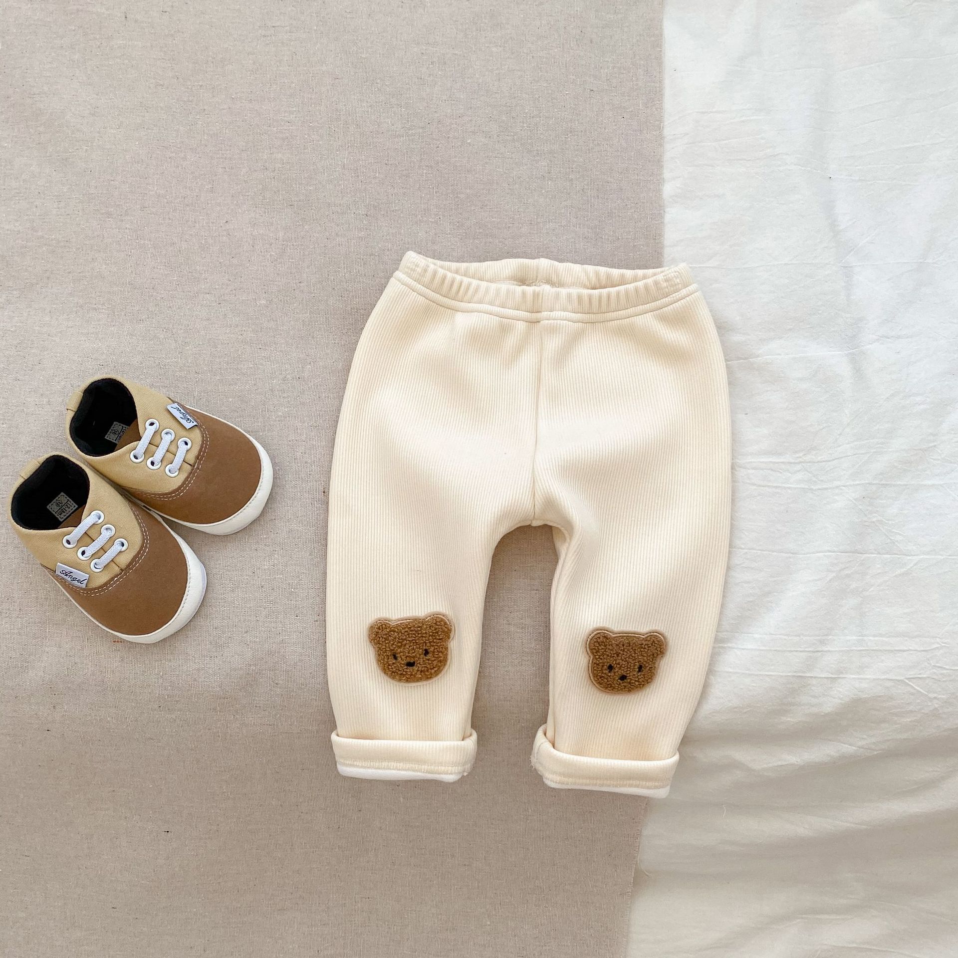 Picture of Winter new boys and girls baby fleece-lined leggings comfortable cute bear three-dimensional embroidered casual warm pants