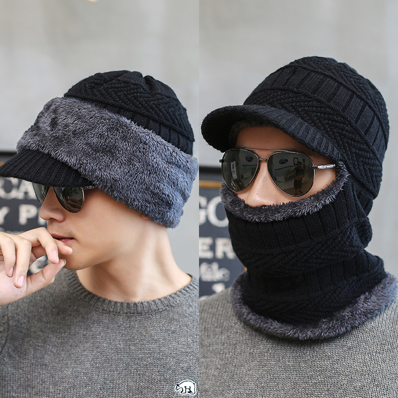 9528 Men's Warm Hat Winter New Velvet Wool Hat Scarf One-piece Thickened Cycling Warm Hat Windproof Neck Protection