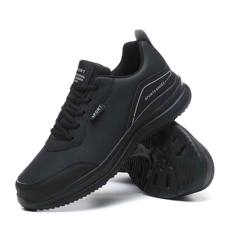 Jinjiang plus size sneakers men's leather surface waterproof casual all-black running shoes soft sole large men's shoe size