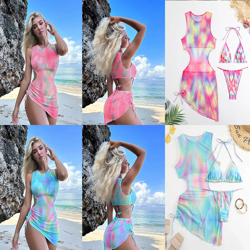 European and American hot girl split swimsuit bikini three-piece tie-dyed sexy pure desire foreign trade cross-border casual swimsuit