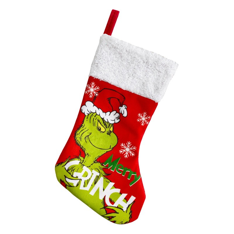 Cross-Border Christmas Grinch Christmas Stocking Green Furry Monster Candy Bag Fireplace Hanging Decoration Christmas Ornament Creative Christmas Stocking