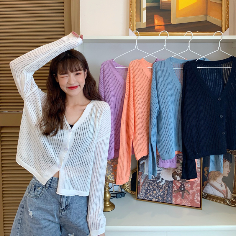 Knitted Long-Sleeved Sun Protection Shirt for Women Summer 2025 New Korean Style Loose Thin Cut Out Pure Color Outer Cardigan Top