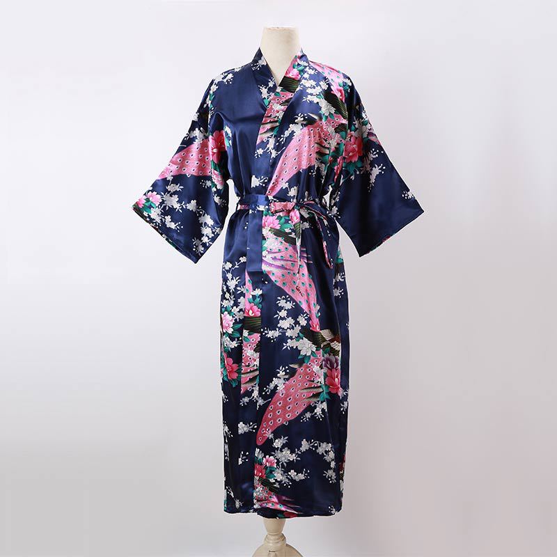 Picture of Women's Sexy Long Pajamas Summer Kimono Robe Thin Peacock Print Bathrobe Imitation Silk Kimono Nightgown Foreign Trade