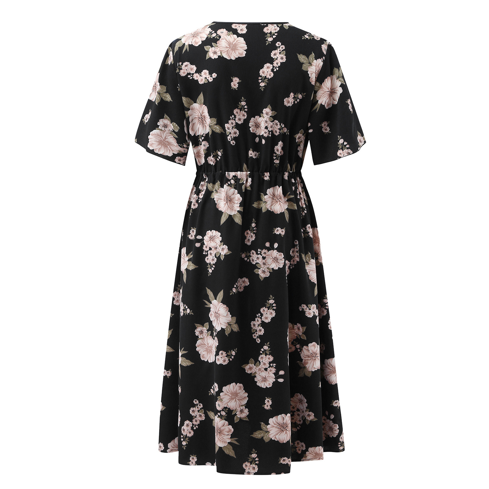 Picture of plus size Women's Floral Print V-neck Short-sleeved dress European and American-style Loose-fit Mid-length Chiffon Skirt