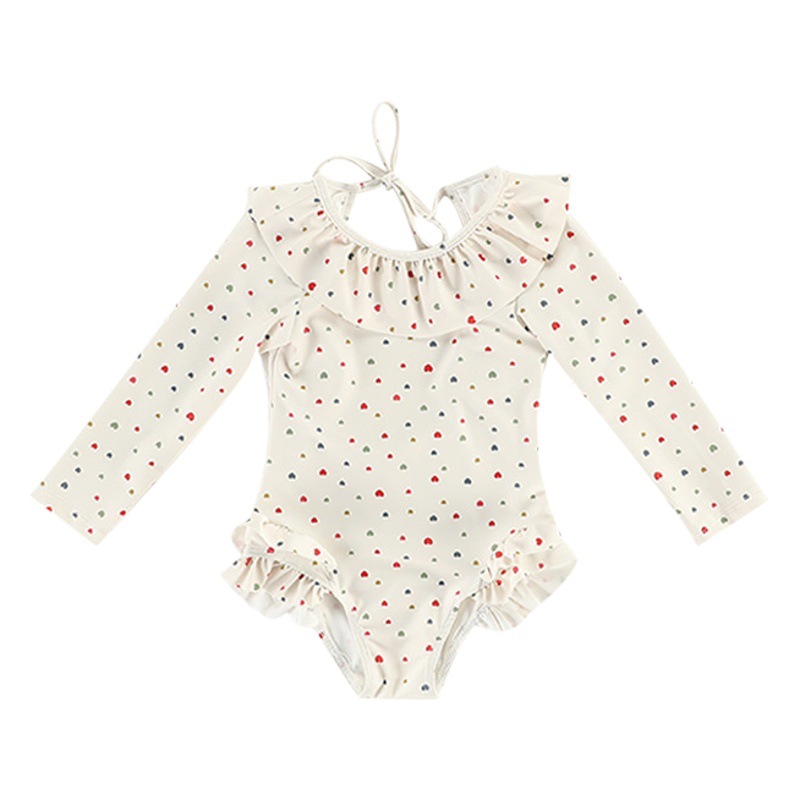 New ins Kids Swimwear Girl Princess Backless Long-Sleeved One-Piece Swimsuit Beach Vacation Western Style Sweet Swimsuit