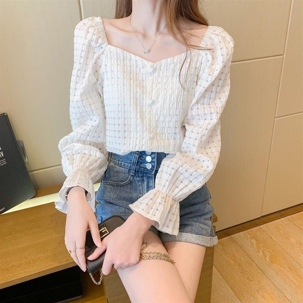 2025 autumn new shirt square neck niche fairy sweet and spicy gentle temperament slimming flared sleeve top girl