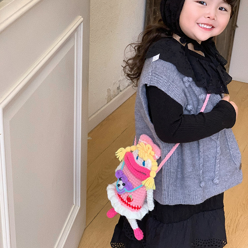 Picture of Children's Bag Autumn and Winter New Cute Wool Bag Finished Korean Hand-woven Pink Big Mouth Girl Mobile Phone Coin Purse