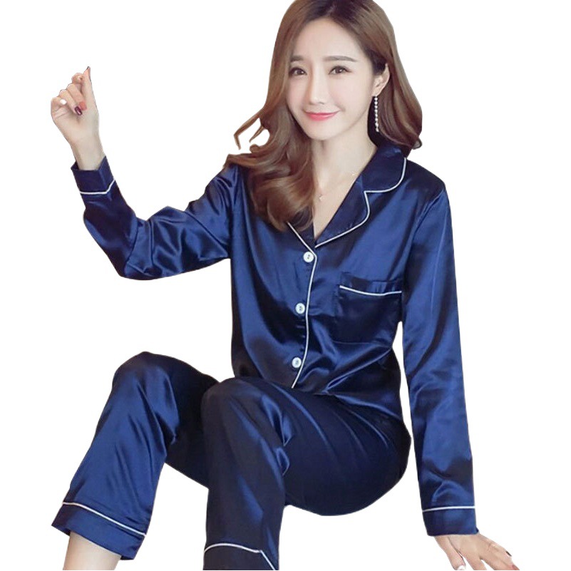 Manufacturer Wholesale Foreign Trade New Solid Color Ice Silk Cardigan Pajamas Women's Long-Sleeved Spring and Autumn Imitation Silk Home Clothes Set