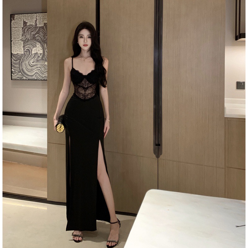 2024 high-end retro black lace stitching high slit sexy sheath waist-tight elegant suspender dress evening dress