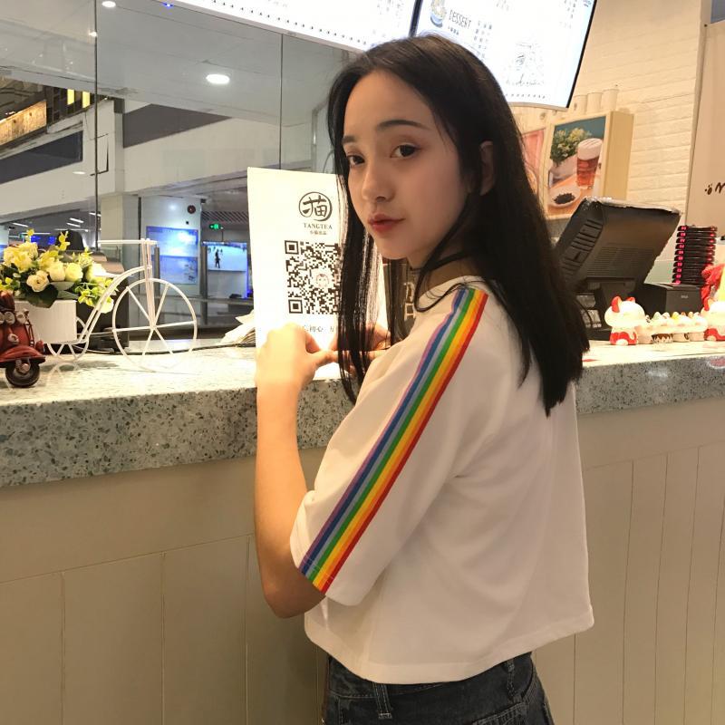 2025 New Summer Korean Style Loose High-Waisted Short-Sleeved T-Shirt for Female Students Printed Short Crop Top Women's Trendy Clothing