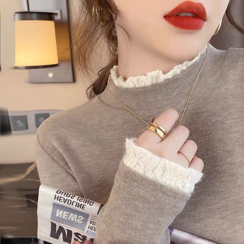 Autumn and Winter Vintage Lace Half-high Collar Velvet Base Shirt Women's Stylist Spring New fleece-lined Long-sleeved T-shirt Top