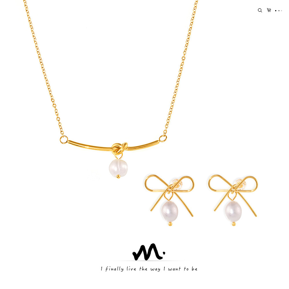 French Hollow Bow Earrings Freshwater Pearl Rope Necklace Stainless Steel Sweet Temperament Girlfriend Gift suit