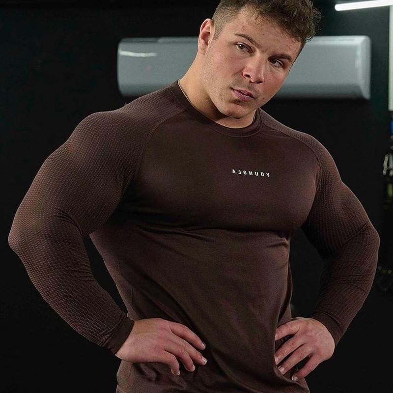Autumn and Winter YOUNG Long Sleeve Men's Muscle Fitness Slim-fit Breathable Leisure Elastic Training Solid Color Top