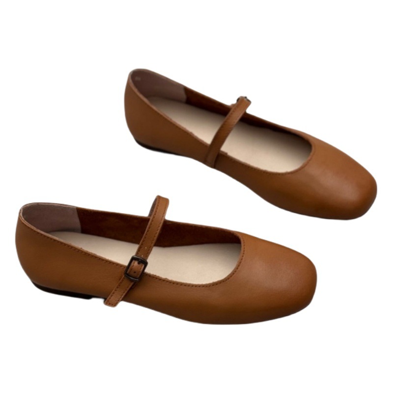 Mary Jane Genuine Leather Shoes 2025 Spring and Summer Literary and Casual One-Word Buckle Strap Round Toe Flats Bottom Soft Cowhide Simple Women's Shoes