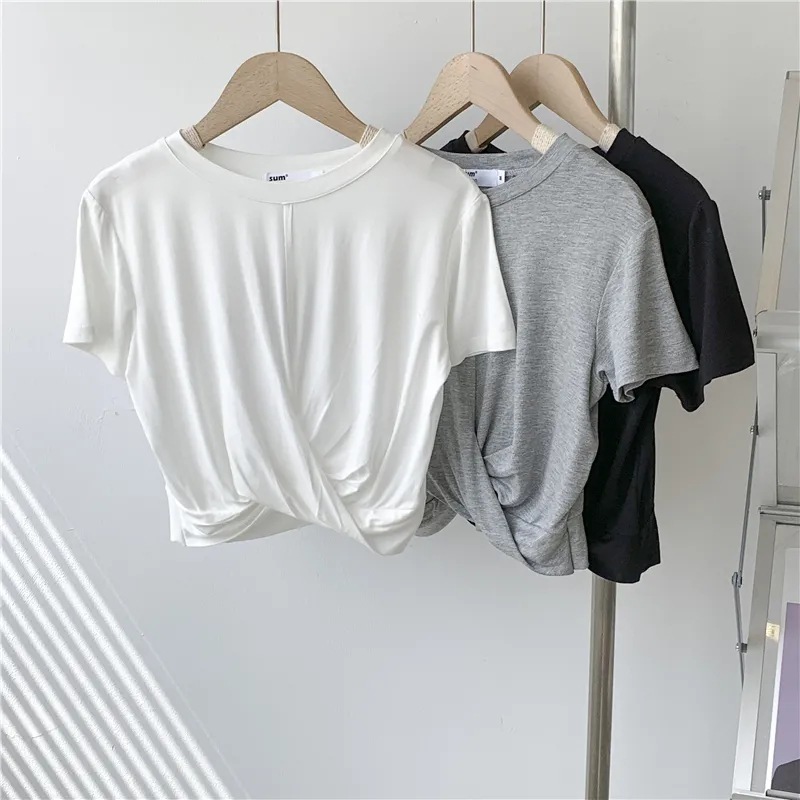 Modal Knot Short T-shirt Women's Distinctive Summer Thin Navel-exposed Short-sleeved Solid Color Top Women's Slim-fit Slimming T-shirt