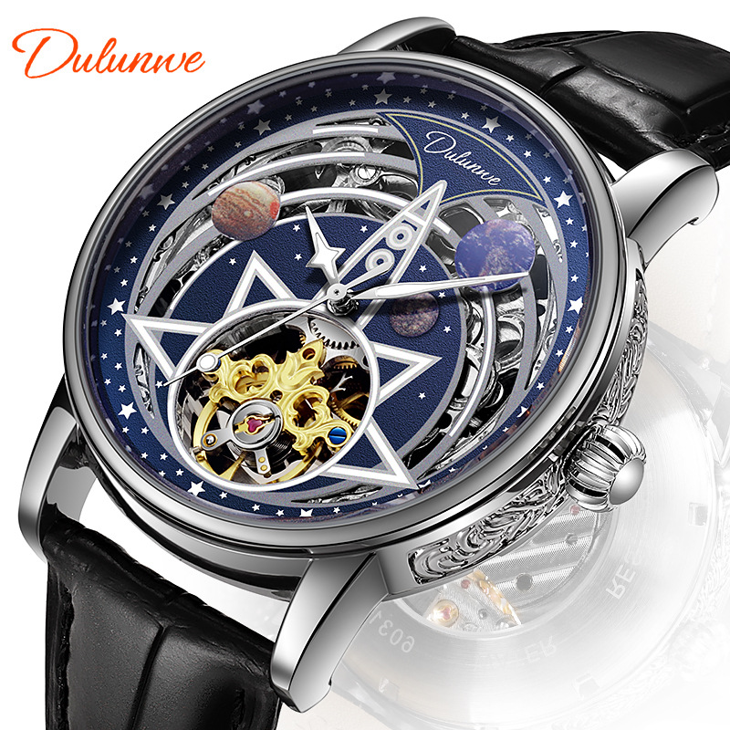 Genuine Automatic Mechanical Watch Hollow Moon Luminous Watch Fashion Mechanical Men's Waterproof Celestial Concept Watch