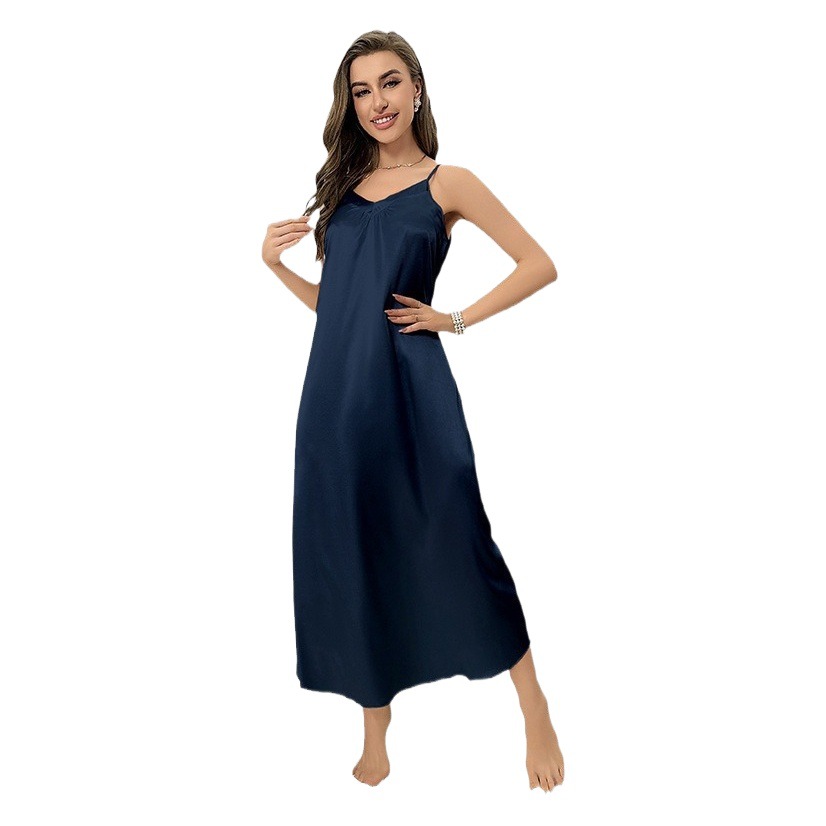 Cross-Border Amazon Style Ice Silk Pajamas for Women Summer Suspenders Sexy Nightgown Long Loose Home Clothes 3218