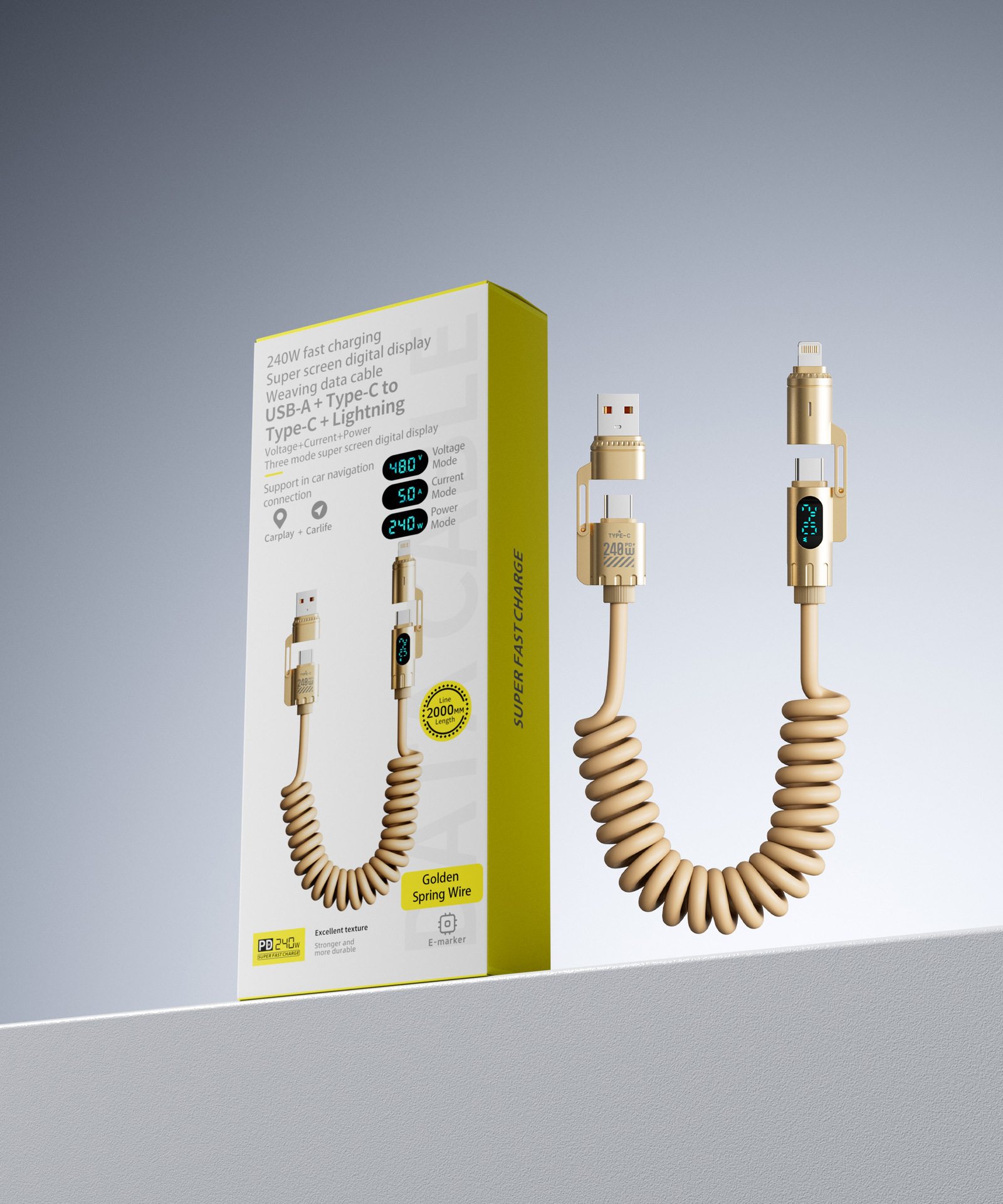 Picture of [Hot-Selling Overseas Model] Beimo 240W Super Fast Charging Digital Display Spring Data Cable Four-In-One Suitable for Huawei Apple