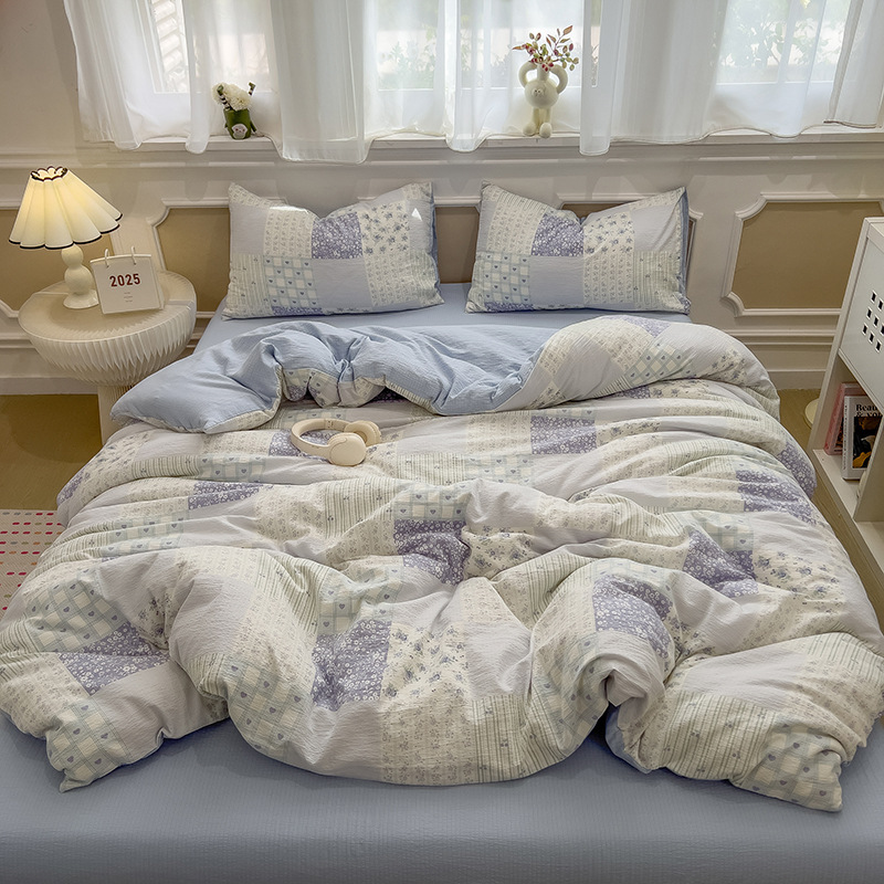Picture of Double-Layer Gauze Wrinkled Cotton Bed Four-Piece Set Small Fresh Quilt Cover Home Ins Style Floral Summer New Three-Piece Set