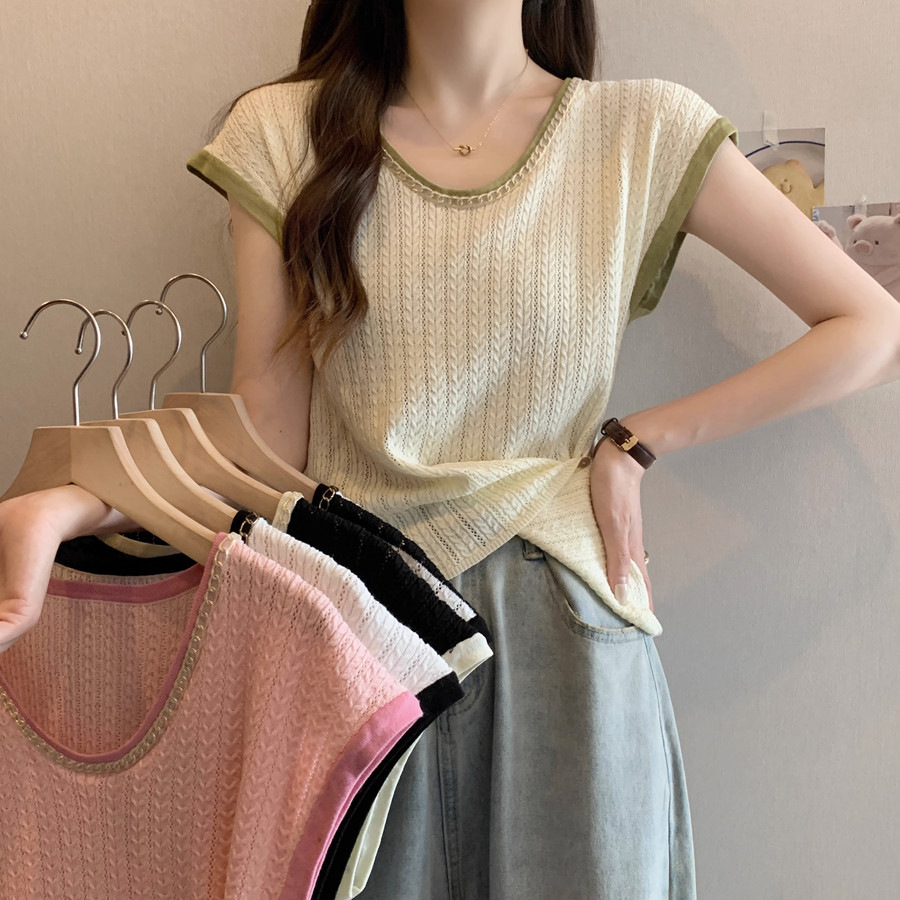 AliExpress Thin Sweater Women's Summer 2023 New Short-sleeved Crewneck T-shirt Hot Girls Hollow Slim-fit Top for Women