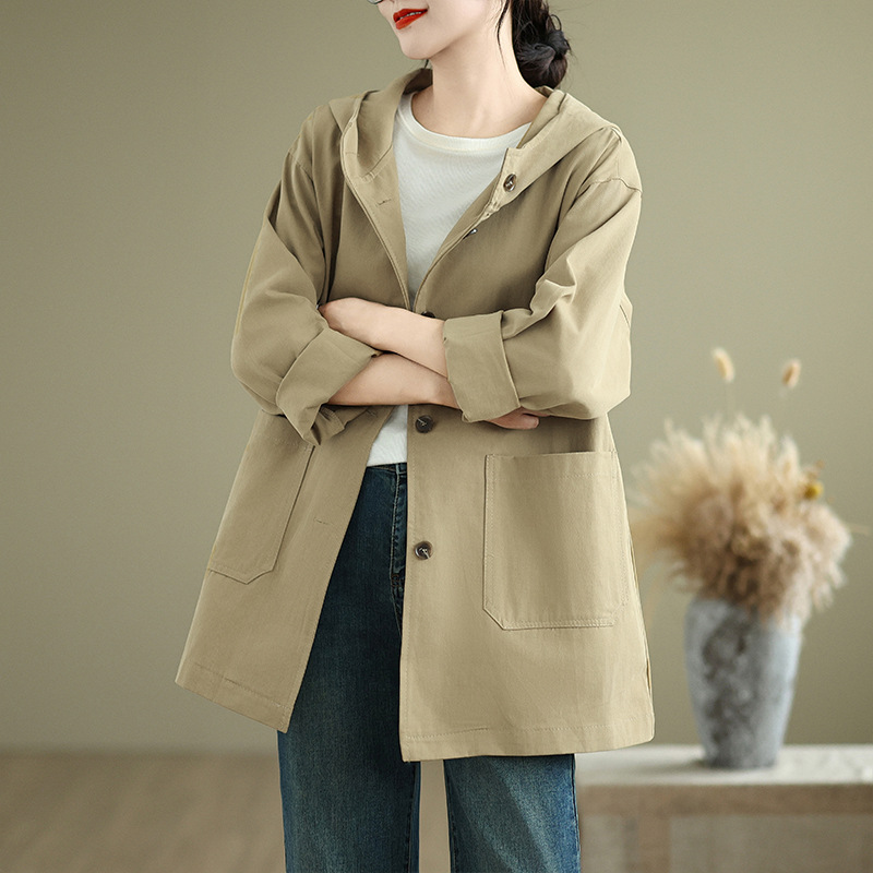 Real shot 2024 autumn new literary loose plus size women's chubby girl slim temperament trench coat hooded coat jacket
