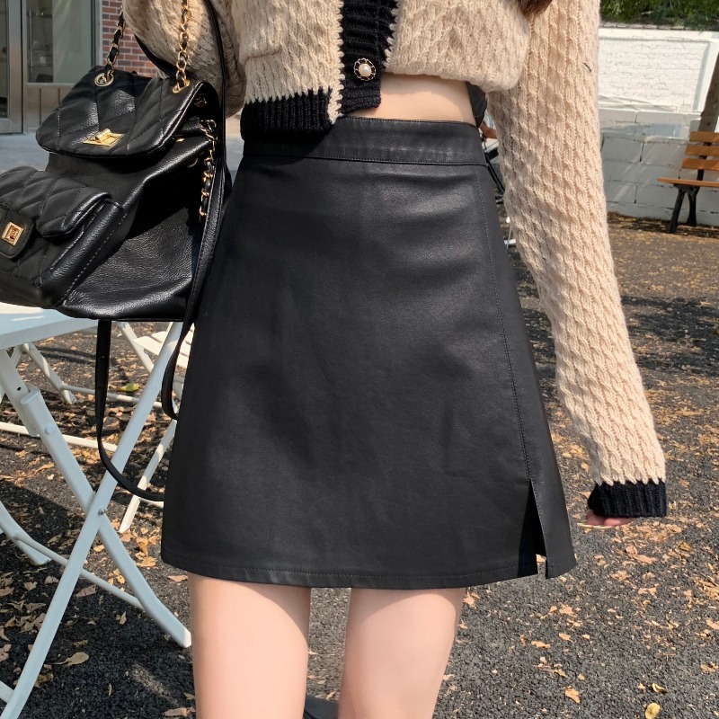 This year's popular PU leather A- line skirt women's 2024 autumn and winter small high waist slim split hip skirt