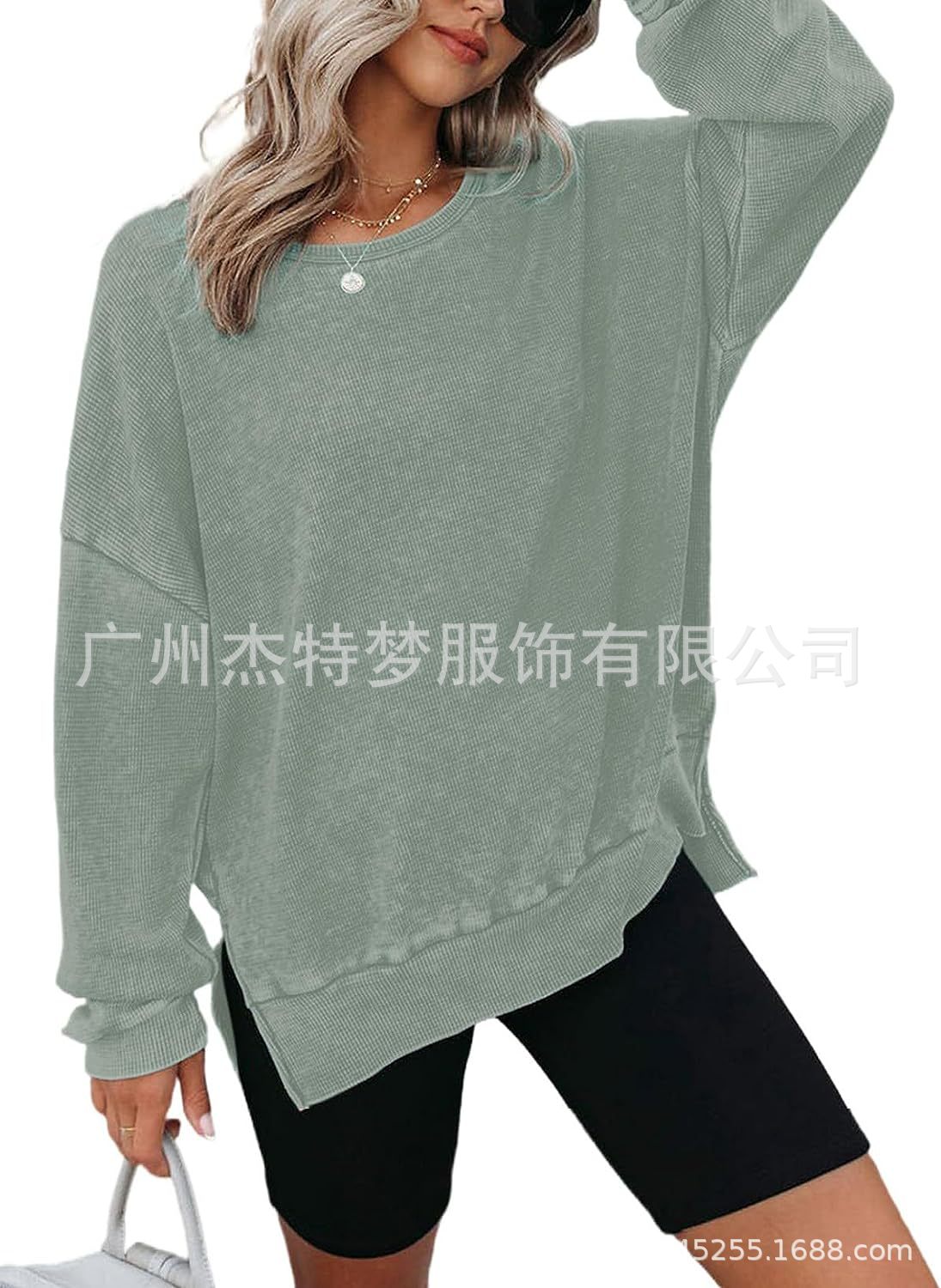 Picture of 2025 European and American Cross-Border Women's Clothing Amazon Autum New Round Neck Long-Sleeved Side Slit Waffle Sweatshirt T-Shirt for Women