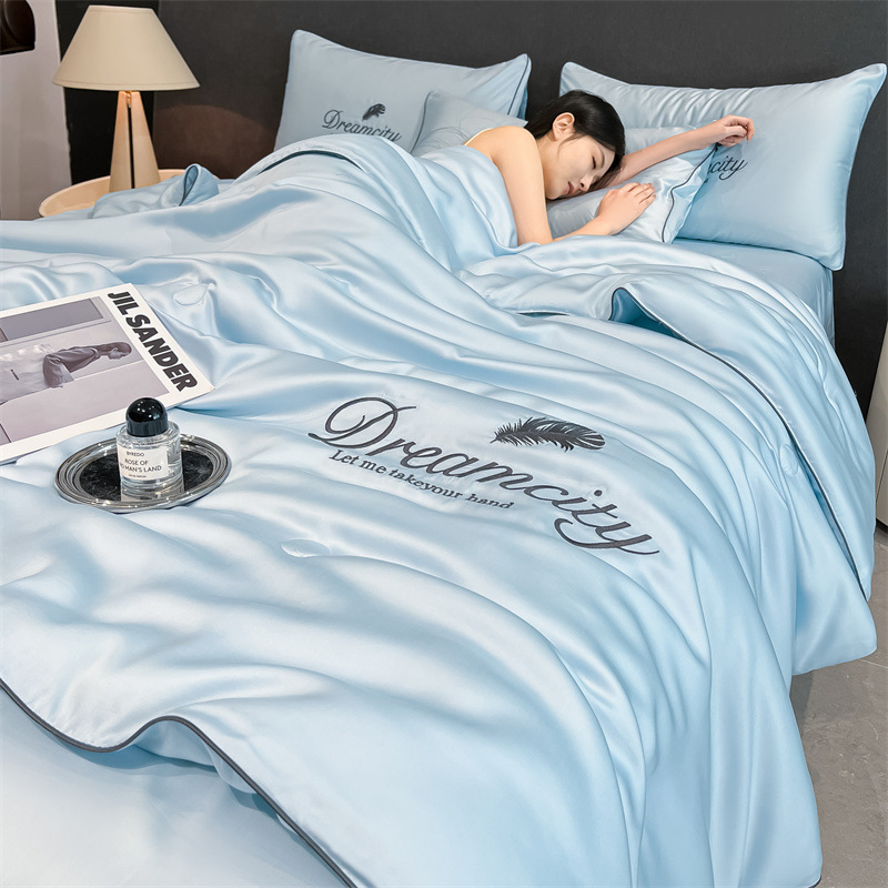 Picture of Washed Ice Silk Summer Quilt Four-piece Solid Color Embroidered Cool Air Conditioned Quilt Summer Gift Summer Quilt Summer Thin Quilt
