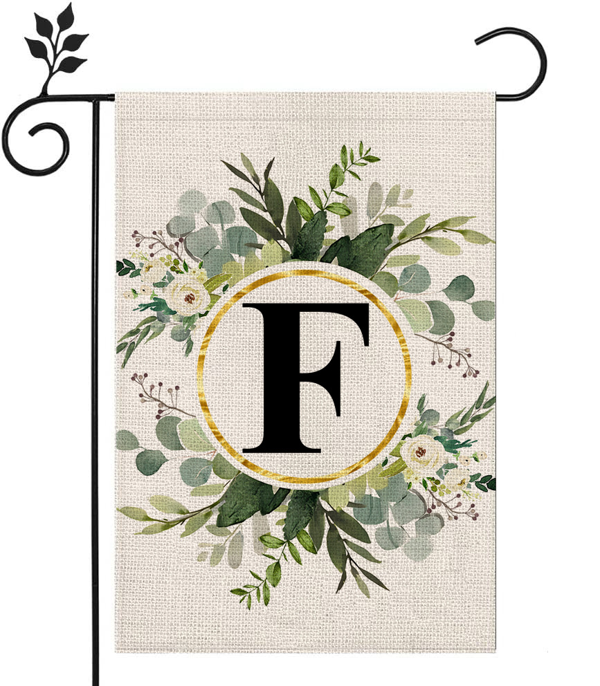Picture of Simple ins style 26 letters + green plant printed linen garden flag surname initials courtyard door flag