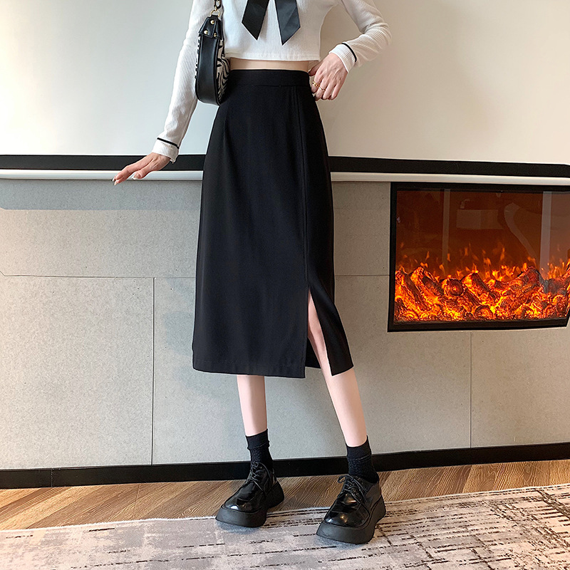 Skirt Women's 2023 New Spring Mid-length Sweater High Waist Split Black A- line Small Hip Skirt