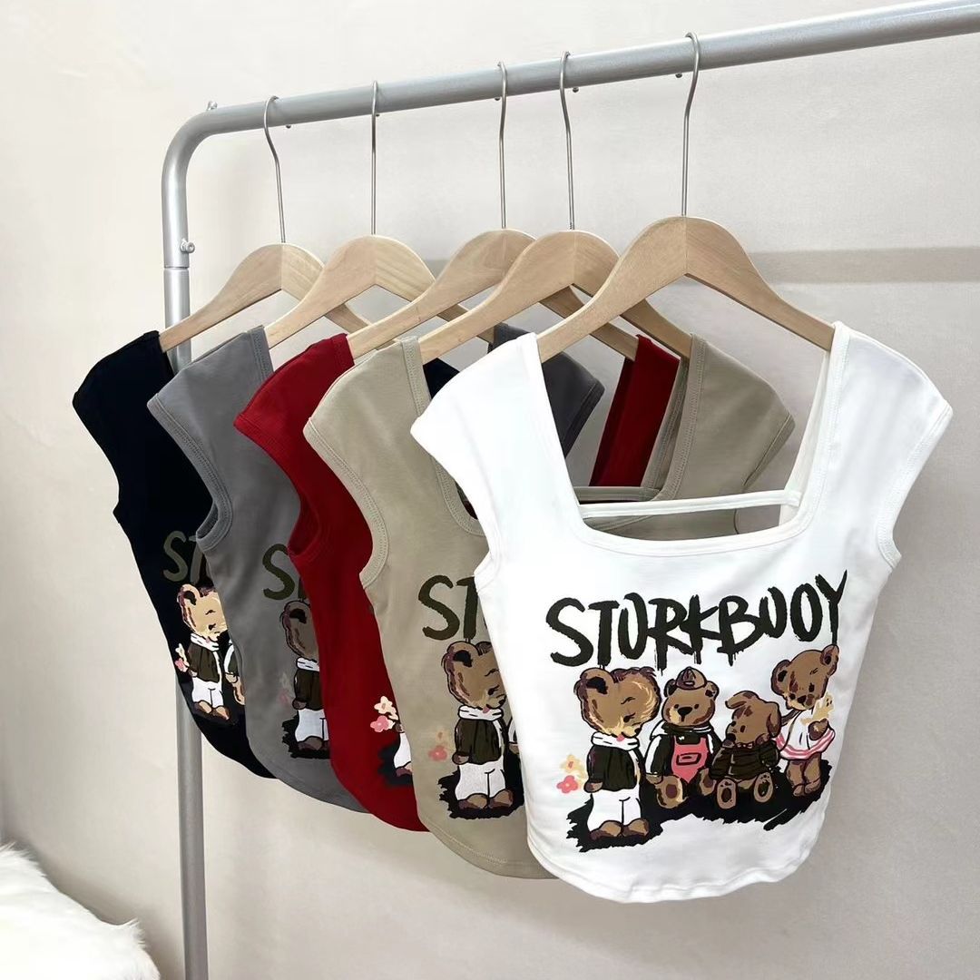 Cartoon bear printed sling women's hot girl cropped short-sleeved vest slim fit slimming summer outer wear bottoming top