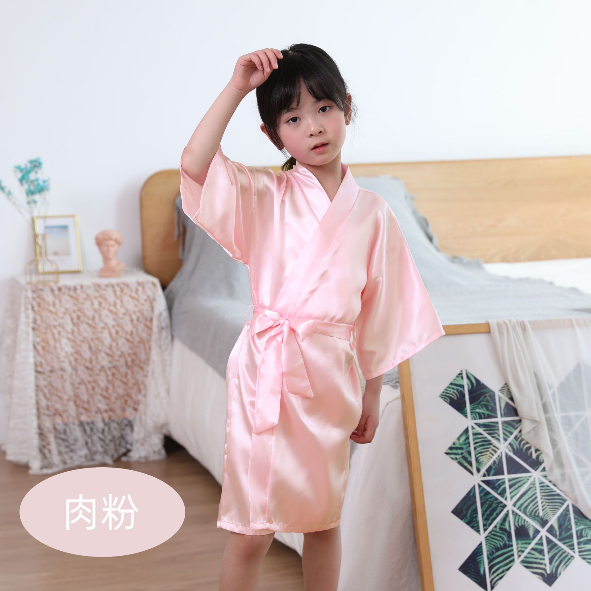 Picture of Cross-border children's solid color morning gown simulation silk nightgown skirt foreign trade satin bathrobe long cardigan kimono Amazon