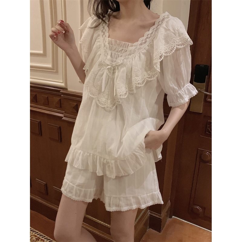 Korean Style ins Women's Summer New Arrival French Style Retro Palace Style Ruffled Short-Sleeved Home Clothes Pajamas Set for Women