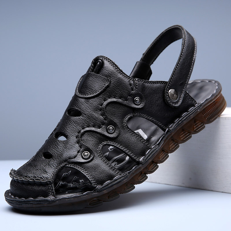 Baotou Leather Sandals Men's Summer Non-slip Beef Sole Beach Shoe Head Layer Cowhide Dual-use Men's Driving Sandals for Outer Wear