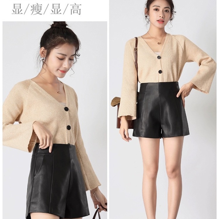 Black high-grade high waist leather shorts women's winter small design sense a-line slimming wide leg outer pants