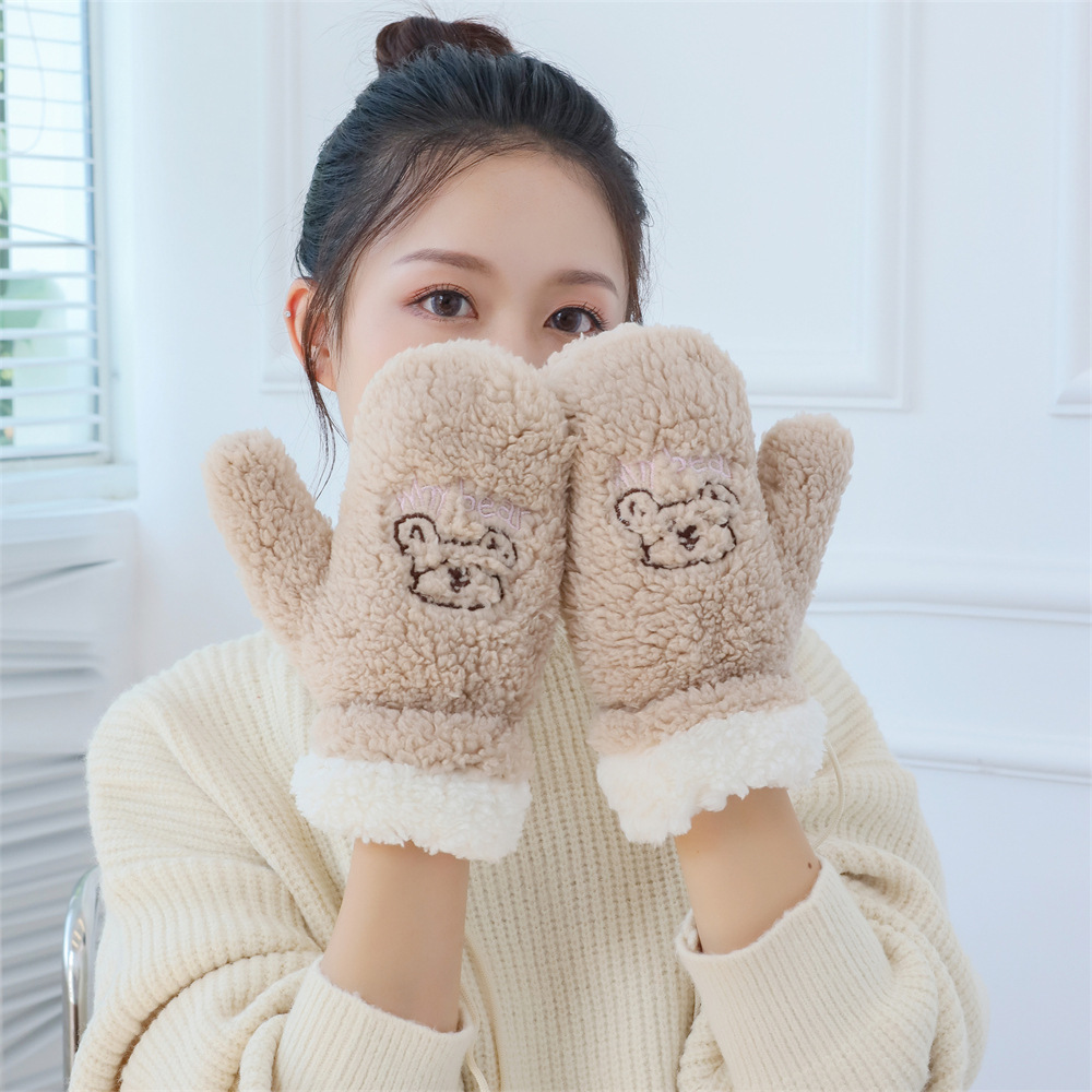 Picture of Cute Cartoon Bear Lamb Fleece Neck Riding Gloves Women's Autumn and Winter Cyber Celebrity Thickened Warm Cycling Cold-proof Fingers