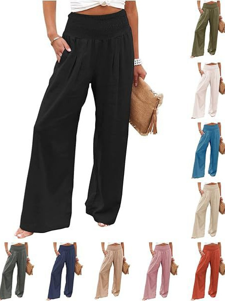 Picture of 2025 Amazon Women's Linen Pants High Waist Trousers Wide Leg Flowing Pants Beach Vacation Wear Casual Wear