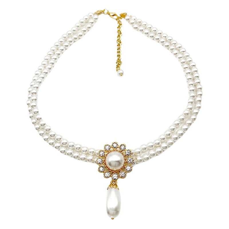Retro Palace Style Light Luxury Diamond Double Layer Pearl Necklace Elegant Temperament Clavicle Chain Banquet Dress Accessories Wholesale