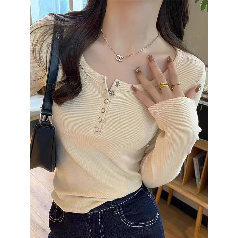 Long-sleeved T-shirt Women's Autumn and Winter New Base Shirt Button Top Slim-fit Inner Round Neck Korean Style Casual Design T-shirt